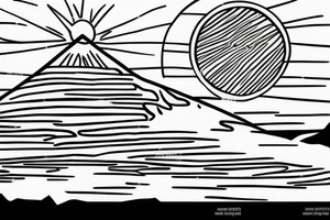 A mountain on an island in Thailand on the beach and a sun behind it. Only black lines. tattoo idea