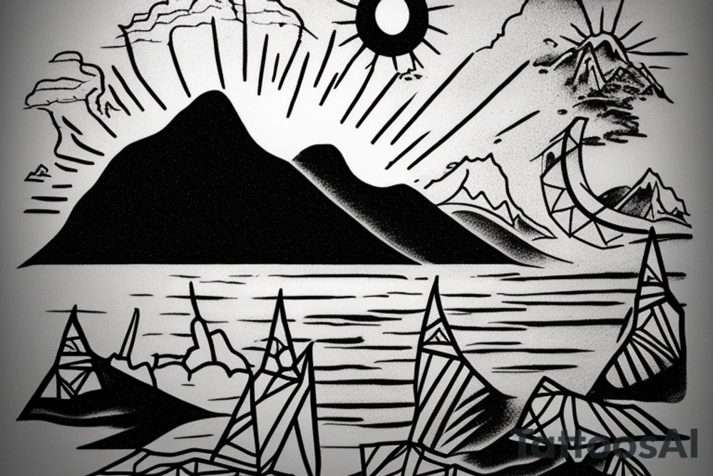A mountain on an island in Thailand on the beach and a sun behind it. Only black lines. tattoo idea