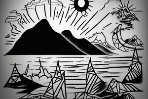 A mountain on an island in Thailand on the beach and a sun behind it. Only black lines. tattoo idea