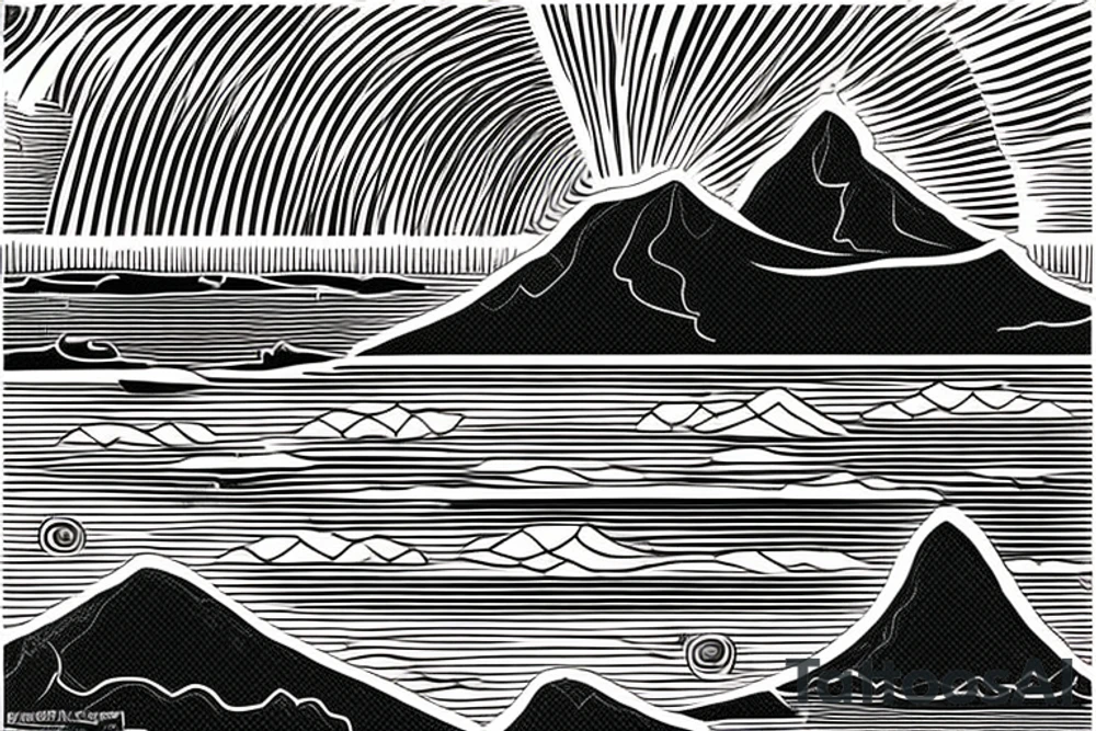 A mountain on an island in Thailand on the beach and a sun behind it. Only black lines. tattoo idea