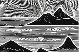 A mountain on an island in Thailand on the beach and a sun behind it. Only black lines. tattoo idea