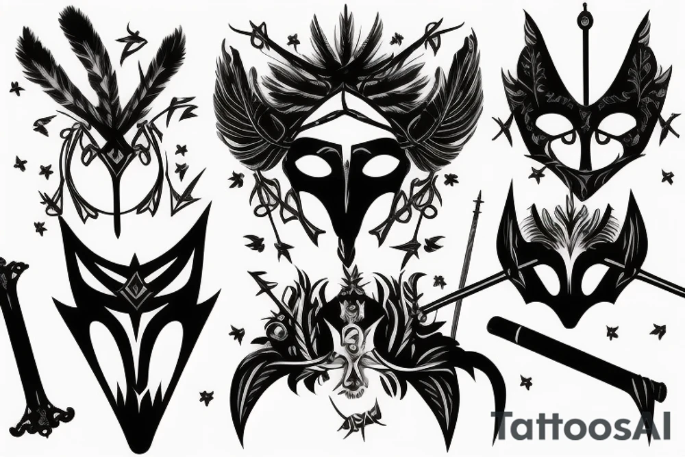 Hallowed out rapier sword piercing two commedia masks using a feathered design tattoo idea