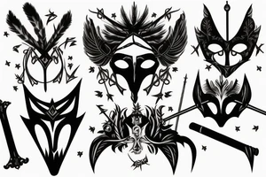 Hallowed out rapier sword piercing two commedia masks using a feathered design tattoo idea