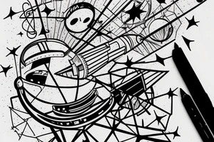 astronot sketch with geometrical objects flying around tattoo idea