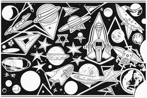 astronot sketch with geometrical objects flying around tattoo idea