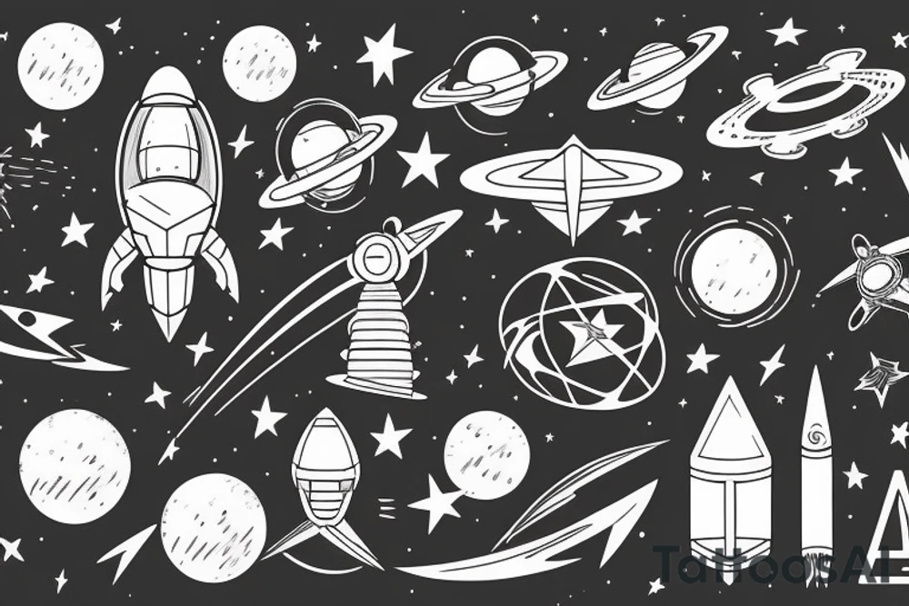 astronot sketch with geometrical objects flying around tattoo idea