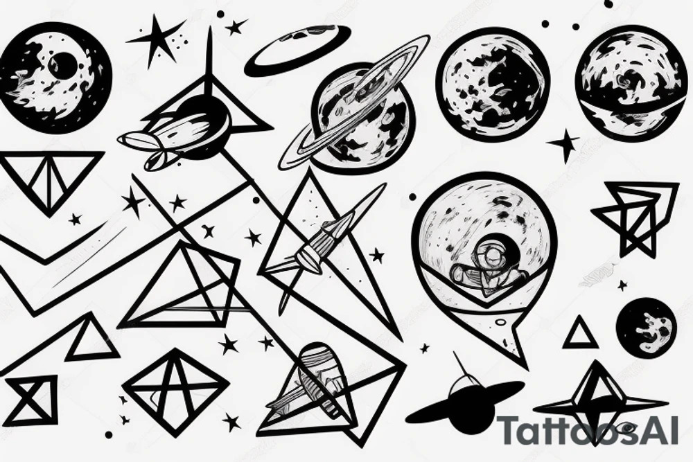 astronot sketch with geometrical objects flying around tattoo idea