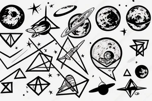 astronot sketch with geometrical objects flying around tattoo idea