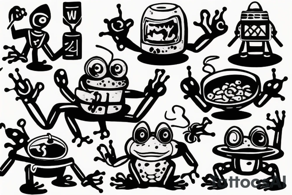 ILLEGALLY SMOL FROG, FIRE EXTINGUISHER THAT IS ON FIRE, ROBOTS EATING CEREAL, SIGIL TO OPEN A GATEWAY TO HELL tattoo idea