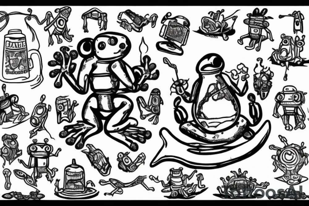 ILLEGALLY SMOL FROG, FIRE EXTINGUISHER THAT IS ON FIRE, ROBOTS EATING CEREAL, SIGIL TO OPEN A GATEWAY TO HELL tattoo idea