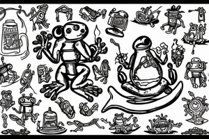 ILLEGALLY SMOL FROG, FIRE EXTINGUISHER THAT IS ON FIRE, ROBOTS EATING CEREAL, SIGIL TO OPEN A GATEWAY TO HELL tattoo idea