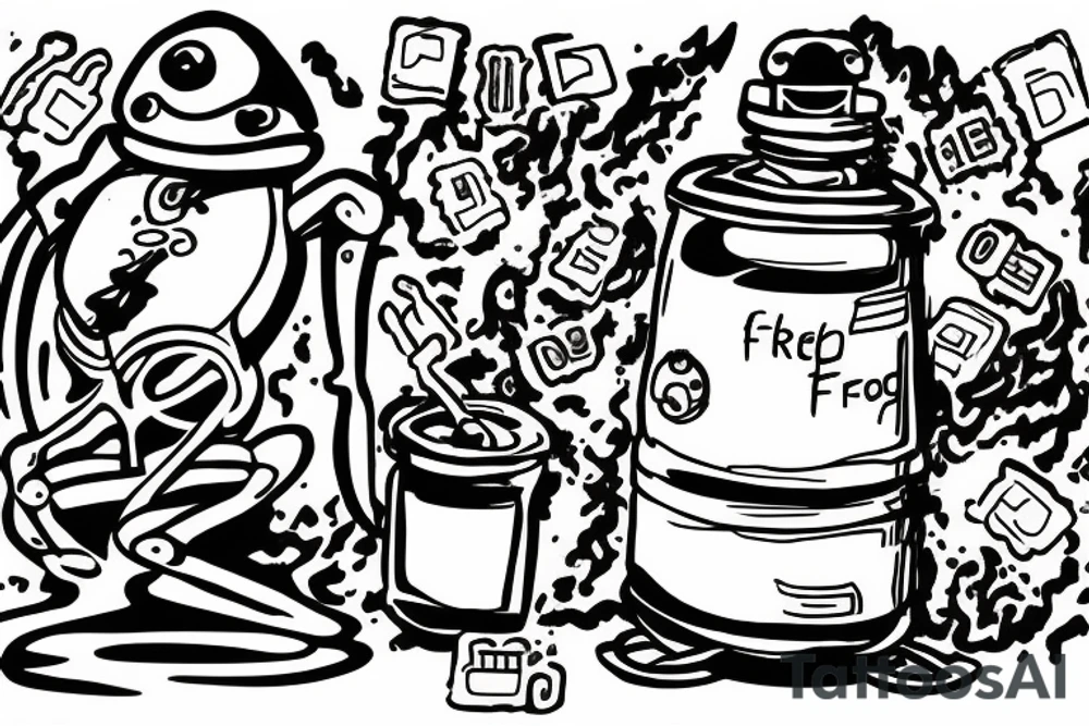 ILLEGALLY SMOL FROG, FIRE EXTINGUISHER THAT IS ON FIRE, ROBOTS EATING CEREAL, SIGIL TO OPEN A GATEWAY TO HELL tattoo idea