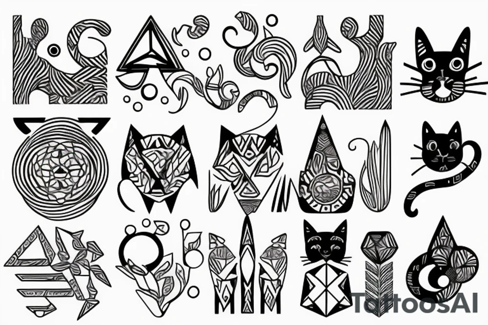 cats and plants and shapes tattoo idea