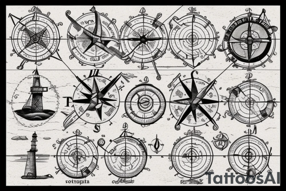 old parchment nautical chart with nautical elements intertwined: compass, wheel, lighthouse, nautical knots, spliced ropes, tattoo idea