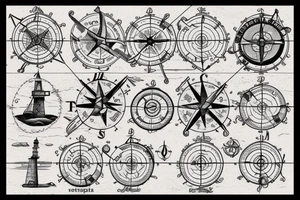 old parchment nautical chart with nautical elements intertwined: compass, wheel, lighthouse, nautical knots, spliced ropes, tattoo idea
