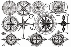 old parchment nautical chart with nautical elements intertwined: compass, wheel, lighthouse, nautical knots, spliced ropes, tattoo idea