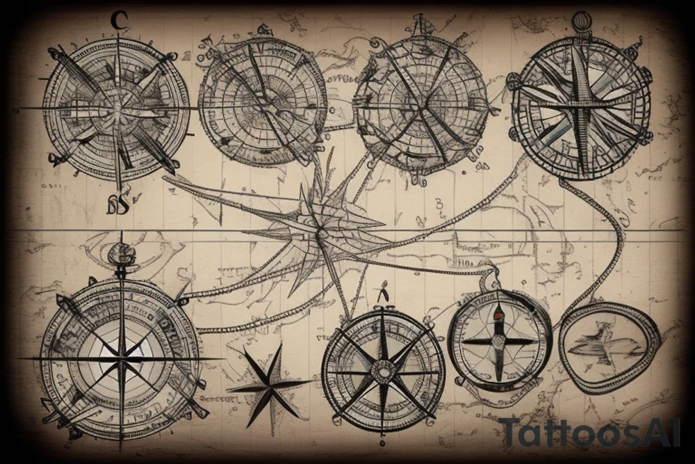 old parchment nautical chart with nautical elements intertwined: compass, wheel, lighthouse, nautical knots, spliced ropes, tattoo idea