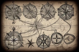 old parchment nautical chart with nautical elements intertwined: compass, wheel, lighthouse, nautical knots, spliced ropes, tattoo idea