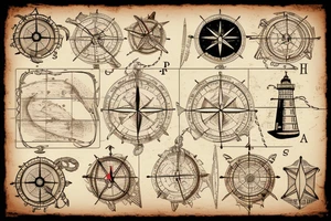 old parchment nautical chart with nautical elements: compass, wheel, lighthouse, nautical knots, spliced ropes, tattoo idea