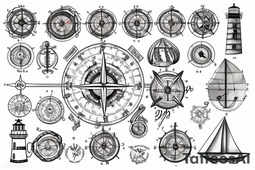 old parchment nautical chart with nautical elements: compass, wheel, lighthouse, nautical knots, spliced ropes, tattoo idea