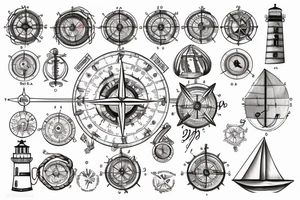 old parchment nautical chart with nautical elements: compass, wheel, lighthouse, nautical knots, spliced ropes, tattoo idea