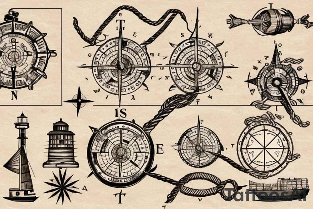 old parchment nautical chart with nautical elements: compass, wheel, lighthouse, nautical knots, spliced ropes, tattoo idea