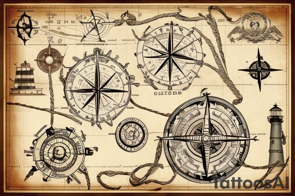old parchment nautical chart with nautical elements: compass, wheel, lighthouse, nautical knots, spliced ropes, tattoo idea