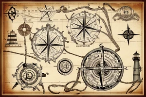 old parchment nautical chart with nautical elements: compass, wheel, lighthouse, nautical knots, spliced ropes, tattoo idea