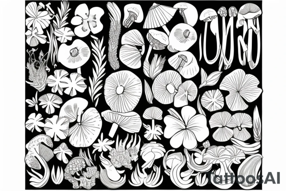 Tropical flowers with mushroom tattoo idea