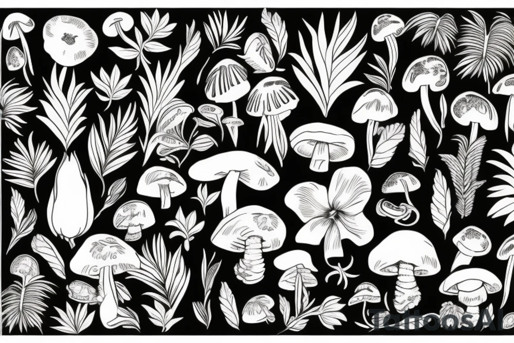 Tropical flowers with mushroom tattoo idea