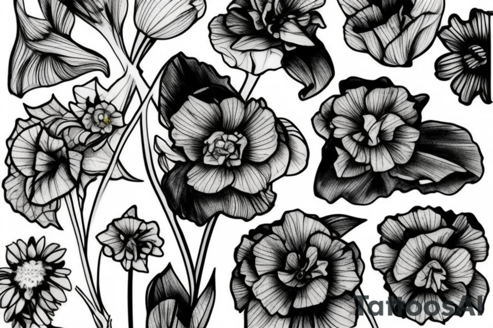 Leafy Vine, Carnation, primrose, daffodil, daisy, sweet pea, narcissus, delicate tattoo idea