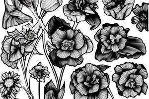 Leafy Vine, Carnation, primrose, daffodil, daisy, sweet pea, narcissus, delicate tattoo idea