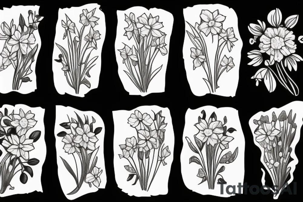 Leafy Vine, Carnation, primrose, daffodil, daisy, sweet pea, narcissus, delicate, arrangement tattoo idea
