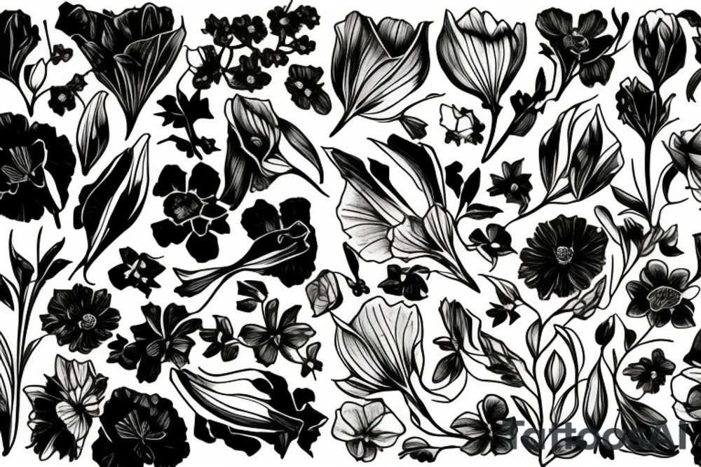 Leafy Vine, Carnation, primrose, daffodil, daisy, sweet pea, narcissus, delicate, arrangement tattoo idea