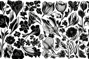 Leafy Vine, Carnation, primrose, daffodil, daisy, sweet pea, narcissus, delicate, arrangement tattoo idea