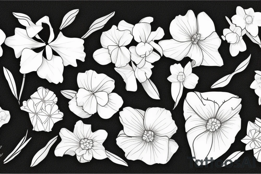 Leafy Vine, Carnation, primrose, daffodil, daisy, sweet pea, narcissus, delicate, arrangement spray tattoo idea
