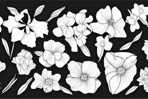Leafy Vine, Carnation, primrose, daffodil, daisy, sweet pea, narcissus, delicate, arrangement spray tattoo idea