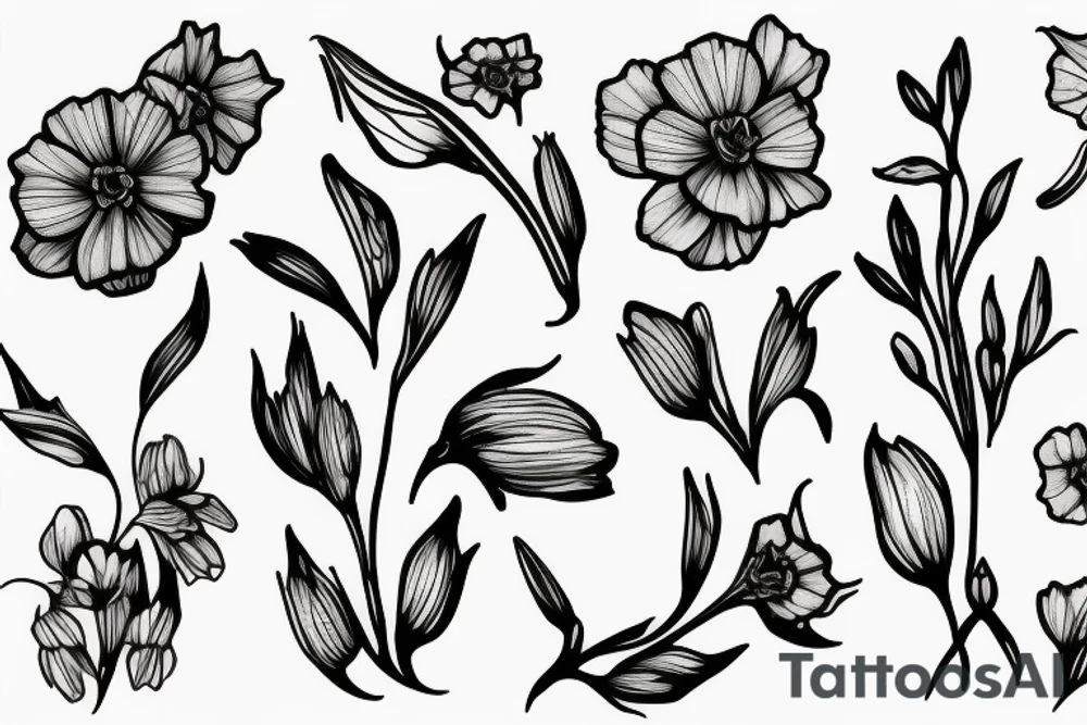 Leafy Vine, Carnation, primrose, daffodil, daisy, sweet pea, narcissus, delicate, arrangement spray tattoo idea