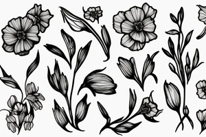 Leafy Vine, Carnation, primrose, daffodil, daisy, sweet pea, narcissus, delicate, arrangement spray tattoo idea