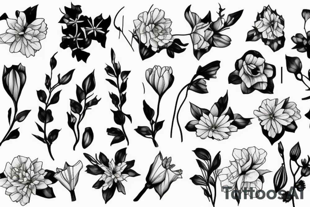 Leafy Vine, Carnation, primrose, daffodil, daisy, sweet pea, narcissus, delicate, arrangement, spray, cascading tattoo idea