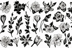 Leafy Vine, Carnation, primrose, daffodil, daisy, sweet pea, narcissus, delicate, arrangement, spray, cascading tattoo idea