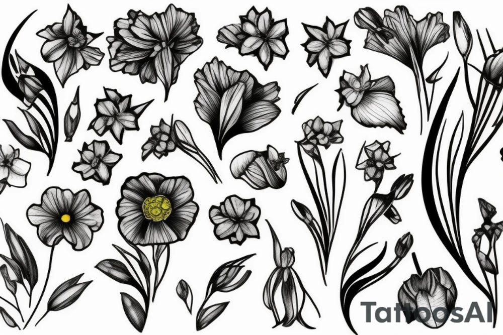 Leafy Vine, Carnation, primrose, daffodil, daisy, sweet pea, narcissus, delicate, arrangement, spray, cascading tattoo idea