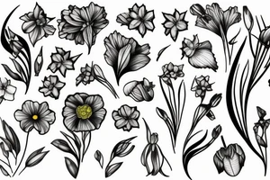 Leafy Vine, Carnation, primrose, daffodil, daisy, sweet pea, narcissus, delicate, arrangement, spray, cascading tattoo idea