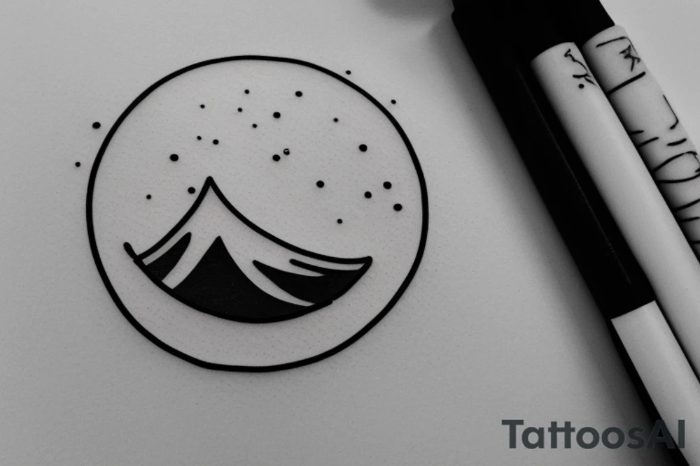Black circular tattoo for a man that is minimalistic in design and is centred around mountains and snow tattoo idea