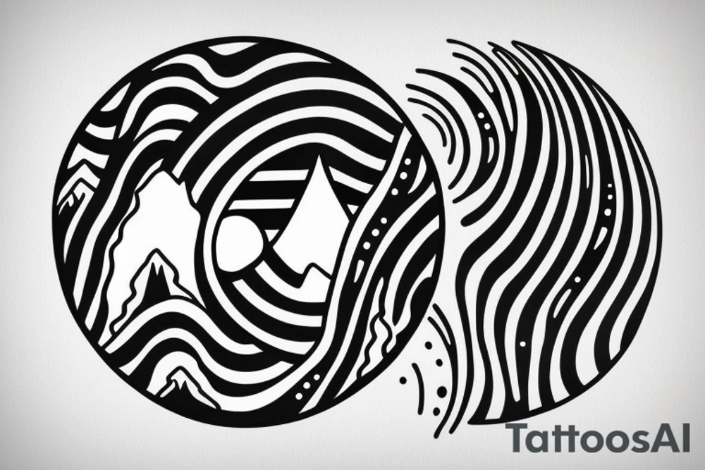 Black circular tattoo for a man that is minimalistic in design and is centred around mountains and snow tattoo idea