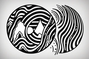 Black circular tattoo for a man that is minimalistic in design and is centred around mountains and snow tattoo idea