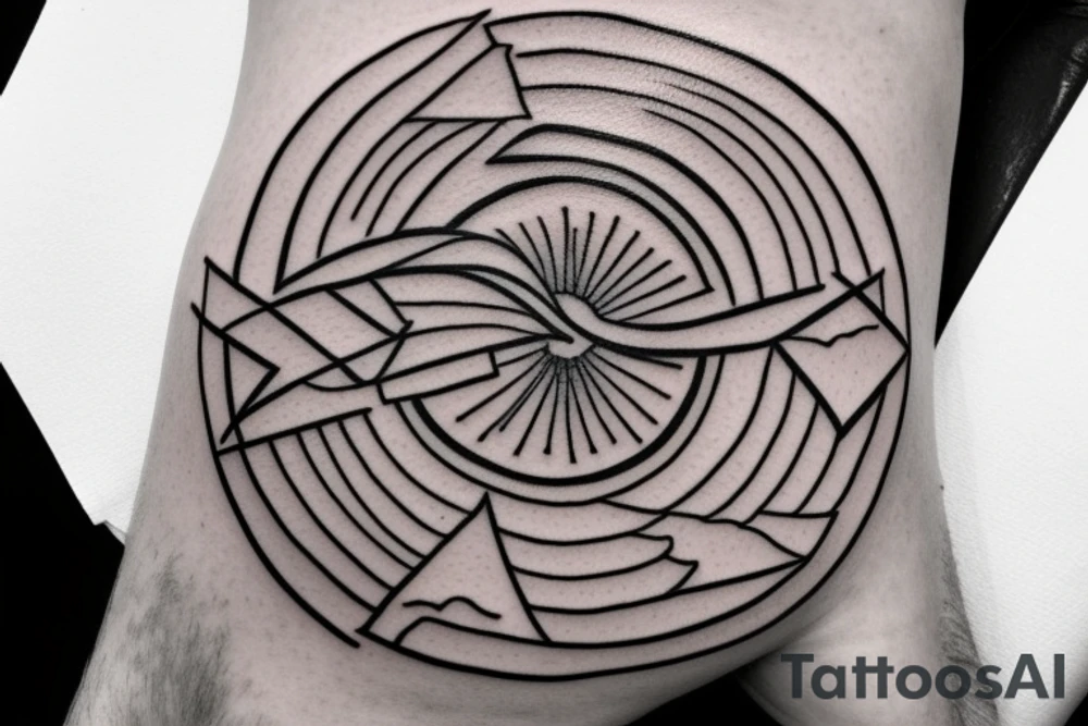 Black circular tattoo for a man that is minimalistic in design and is centred around mountains and snow tattoo idea