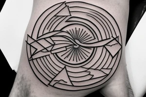 Black circular tattoo for a man that is minimalistic in design and is centred around mountains and snow tattoo idea