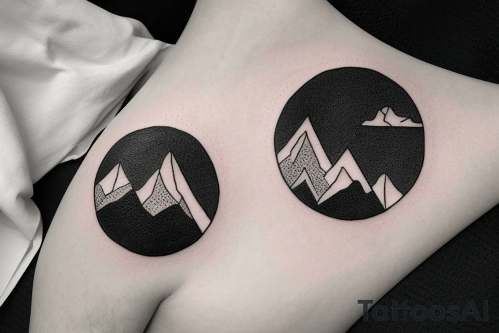 Black circular tattoo for a man that is minimalistic in design and is centred around mountains and snow tattoo idea