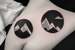 Black circular tattoo for a man that is minimalistic in design and is centred around mountains and snow tattoo idea